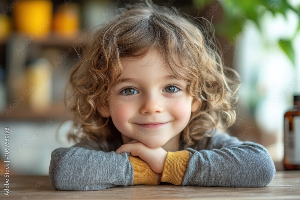 Smiling child with curly hair resting chin on hands in cozy indoor setting during daytime Smiling child with curly hair resting chin on hands in cozy indoor setting during daytime