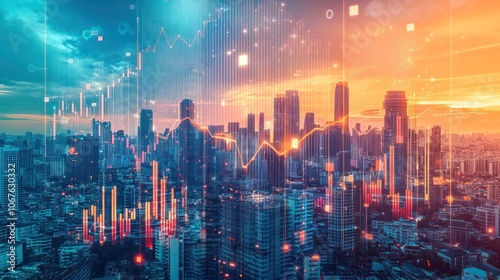 Real estate development and investing concept, portrayed through digital forex indicators and financial graphs overlaying a city skyline, symbolizing growth in urban markets
