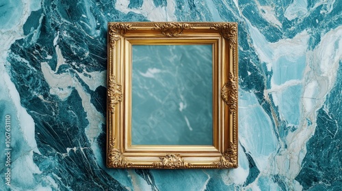 Golden frame on elegant marble surface, beckoning creativity and imagination for potential artwork to fill the space, enhances any artistic vision with its refined elegance. photo