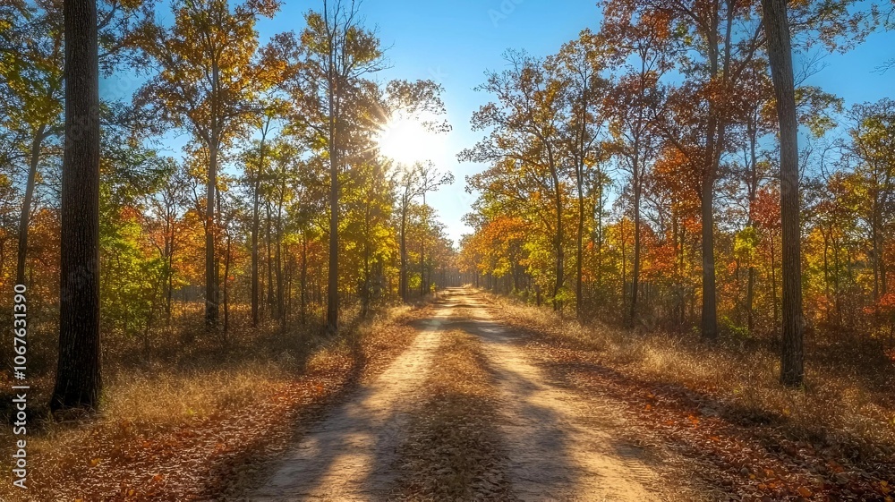 Obraz premium A sun-drenched dirt road winds through a forest of colorful autumn trees.