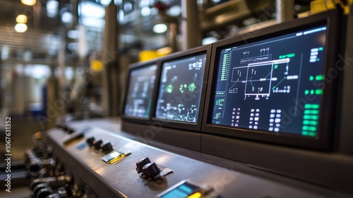 Industrial IoT Environment, a factory showcasing advanced sensors and monitors, real-time production data displayed, emphasizing automation and efficiency in manufacturing processes