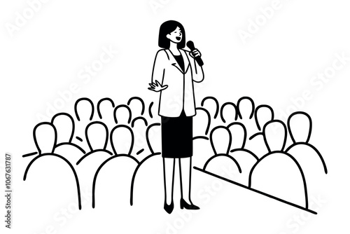 Female public speaker in front of audience. Line art vector illustration