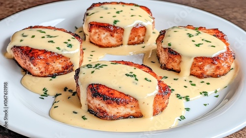  Filetes de salmón a la parrilla con una cremosa salsa encima, decorados con perejil picado. El plato es jugoso y sabroso, ideal para una cena gourmet.

 photo