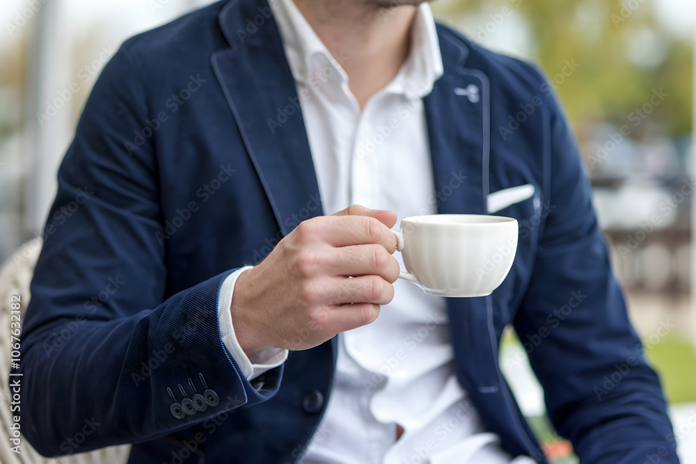 Man in blazer holding cup hints at relaxed, outdoor setting Man in blazer holding cup hints at relaxed, outdoor setting