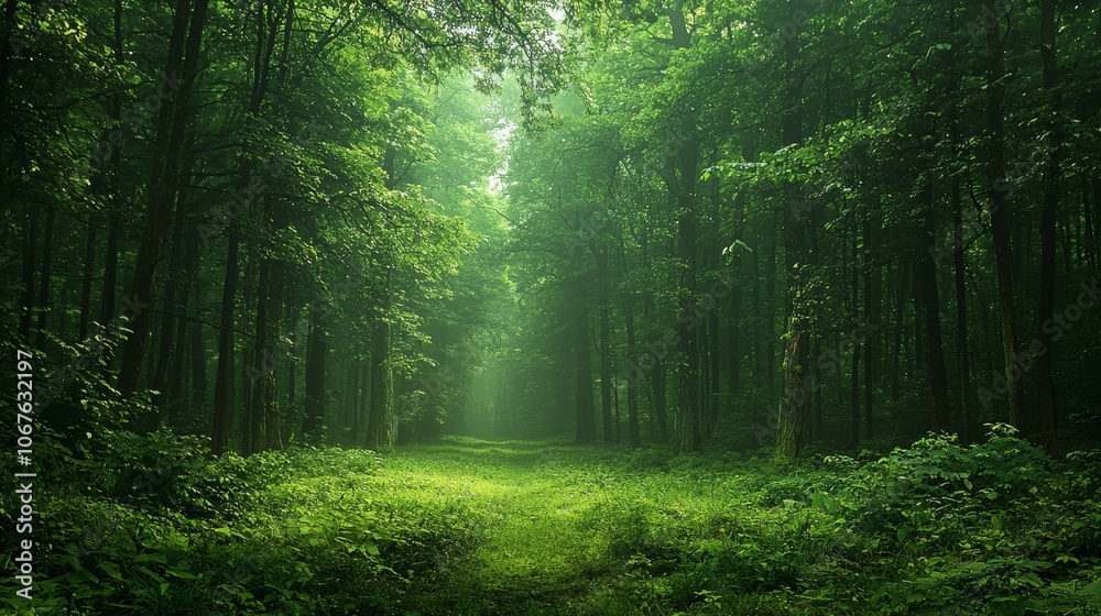 Obraz premium Lush Green Forest Pathway with Sunlight