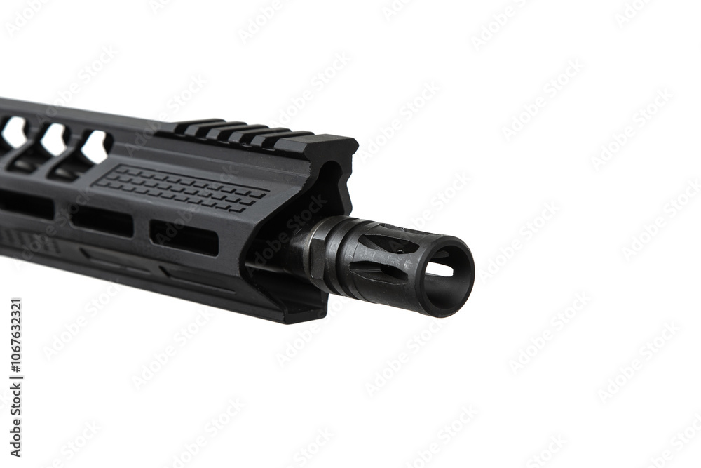 A modern automatic carbine chambered for 9mm pistol caliber. Weapons for the police, army and special units. Isolate on a white back. A modern automatic carbine chambered for 9mm pistol caliber. Weapons for the police, army and special units. Isolate on a white back.
