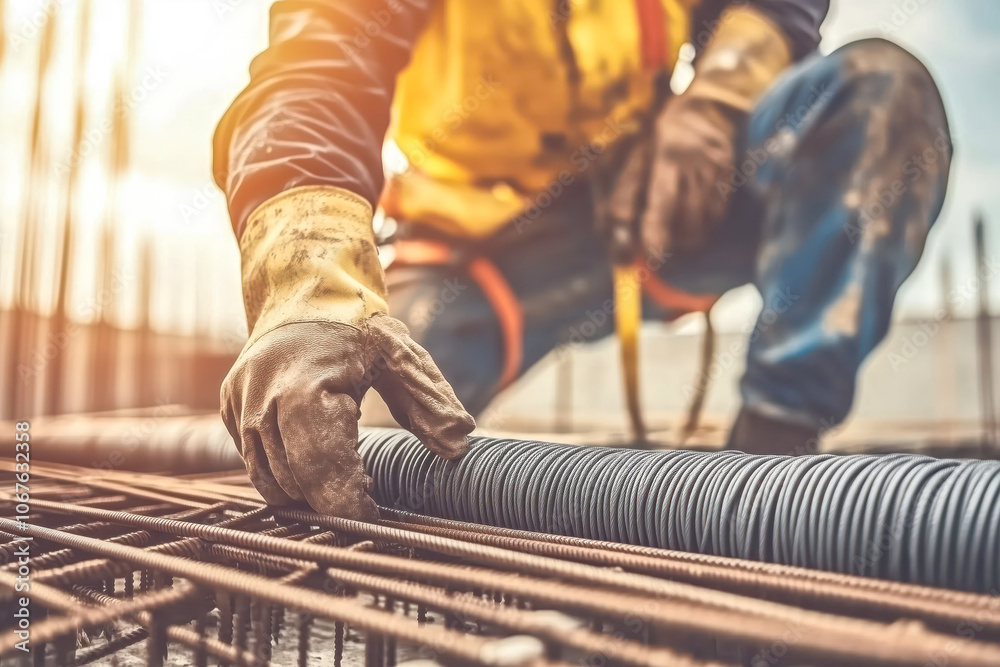 Construction worker Making Reinforcement steel rod and deformed bar ...