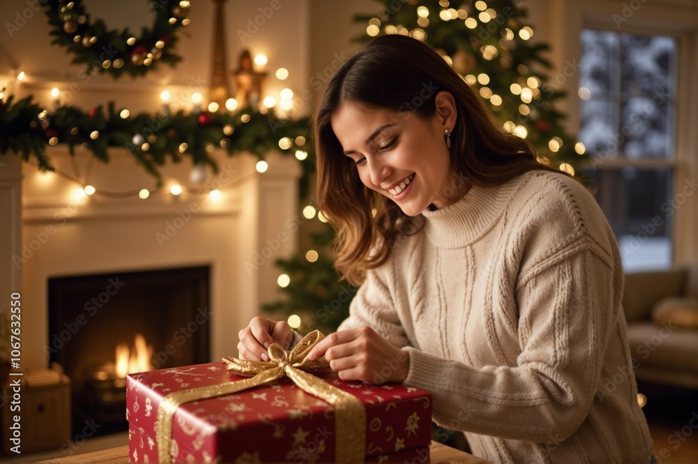 Joyful Young Woman Unwrapping a Christmas Gift by a Cozy Fireplace Joyful Young Woman Unwrapping a Christmas Gift by a Cozy Fireplace