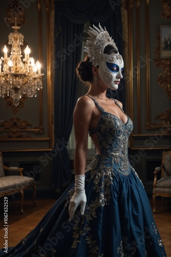 Elegant Woman in a Blue Evening Gown with Ornate Mask in Luxurious Interior photo