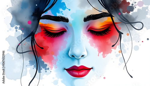 Harmony. Creative paitning face. Watercolor design element isolated with white highlights, png photo