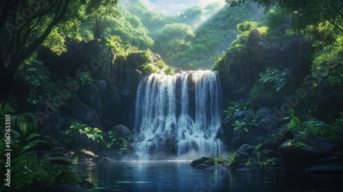 Waterfall in Lush Tropical Rainforest