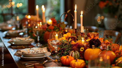 A special table setting for thanks giving day with candles and autumn folowers photo