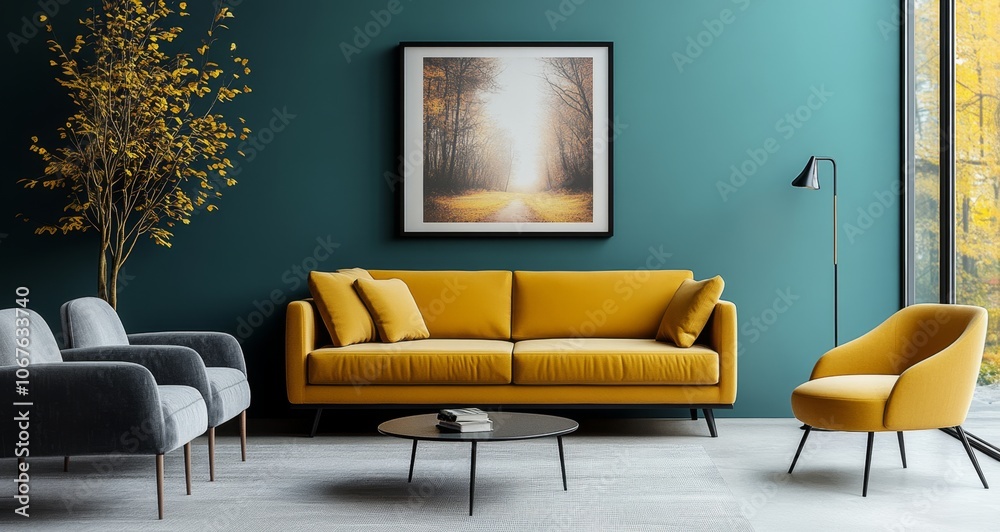 Modern living room with yellow sofa and forest wall art in teal interior Modern living room with yellow sofa and forest wall art in teal interior
