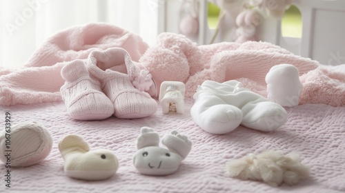 Charming Nursery Setup, a collection of soft baby booties and colorful toys artfully placed on a pastel pink blanket, creating a warm and inviting atmosphere for infants