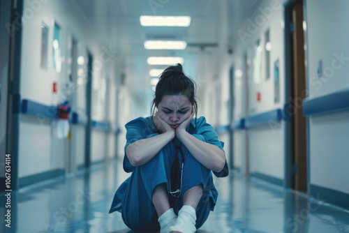 Overworked nurse takes coffee break in hospital.