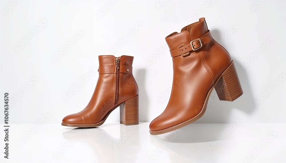 Heeled ankle boots in brown leather on bright white background with copy space Heeled ankle boots in brown leather on bright white background with copy space
