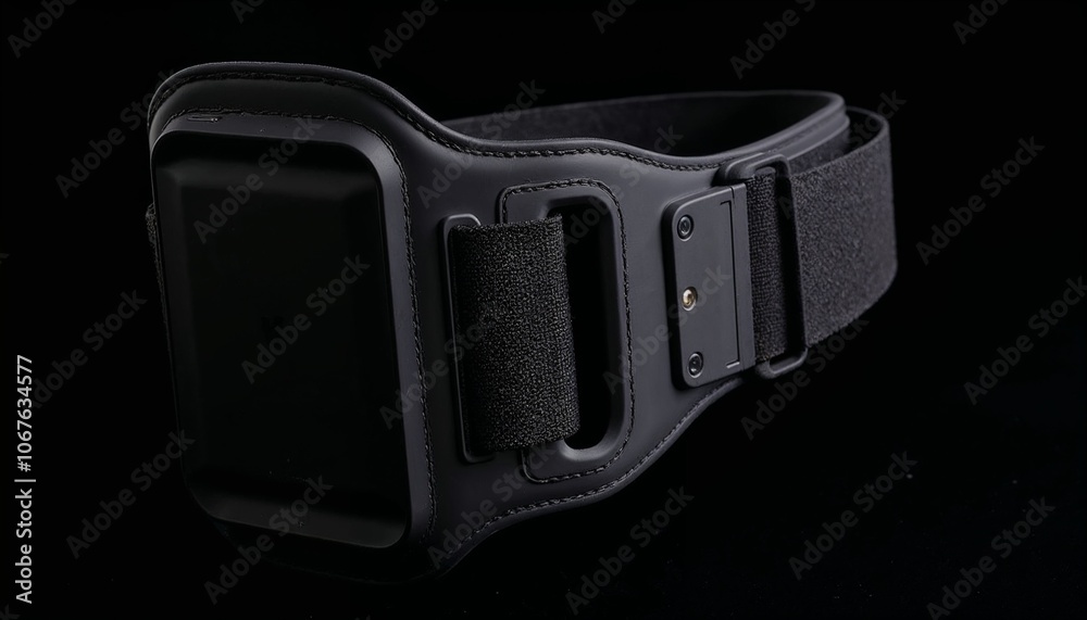 Fitness armband for phone on sleek black background with copy space Fitness armband for phone on sleek black background with copy space