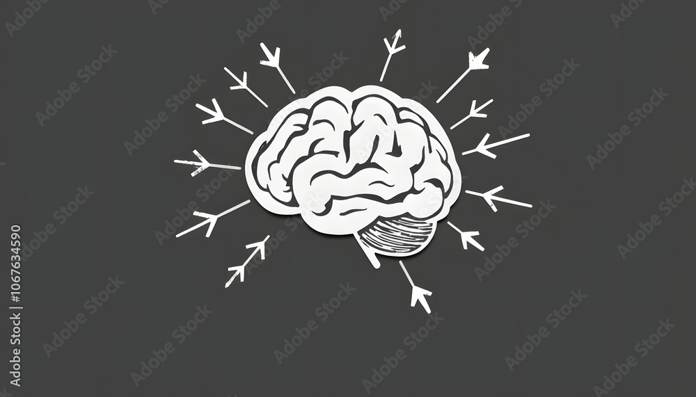 One main idea concept made with paper brain silhouette and many chotic arrows isolated with white highlights, png One main idea concept made with paper brain silhouette and many chotic arrows isolated with white highlights, png