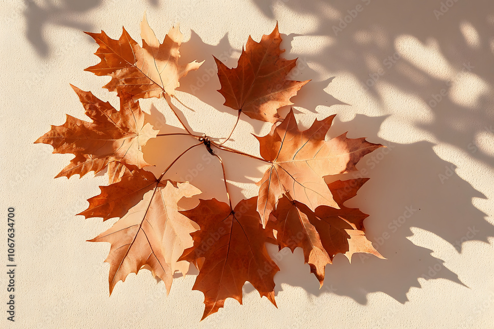 Fototapeta premium Dried maple leaves on pastel sunlit background with shadow. Autumn, fall, thanksgiving day concept. Flat lay, top view