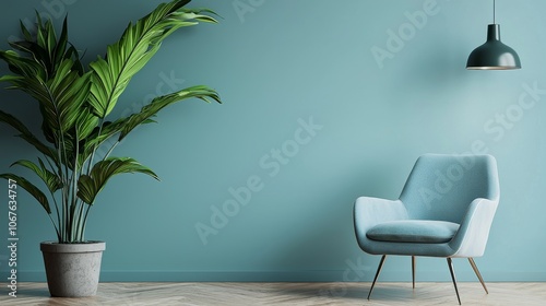 Modern Interior with Blue Chair and Green Plant