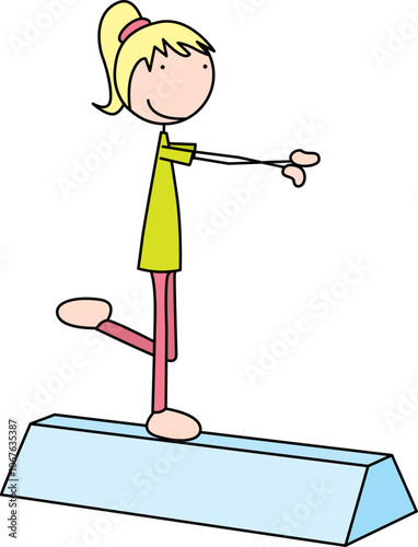 Cartoon vector illustration of a girl on a training foam balance beam