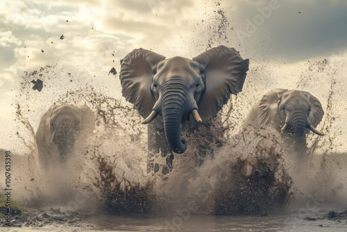 Family of elephants bathing in a watering hole, with playful calves splashing in the water and protective adults keeping watch photo