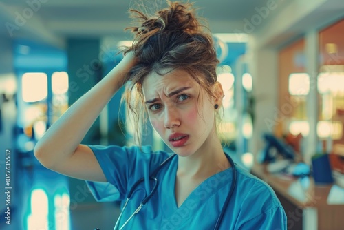 Nurse slapping her head upon realizing her mistake at work photo