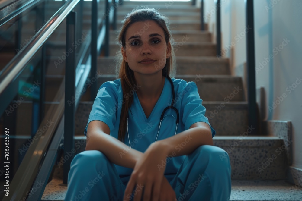 Stressed female healthcare worker sits on hospital stairs. Stressed female healthcare worker sits on hospital stairs.