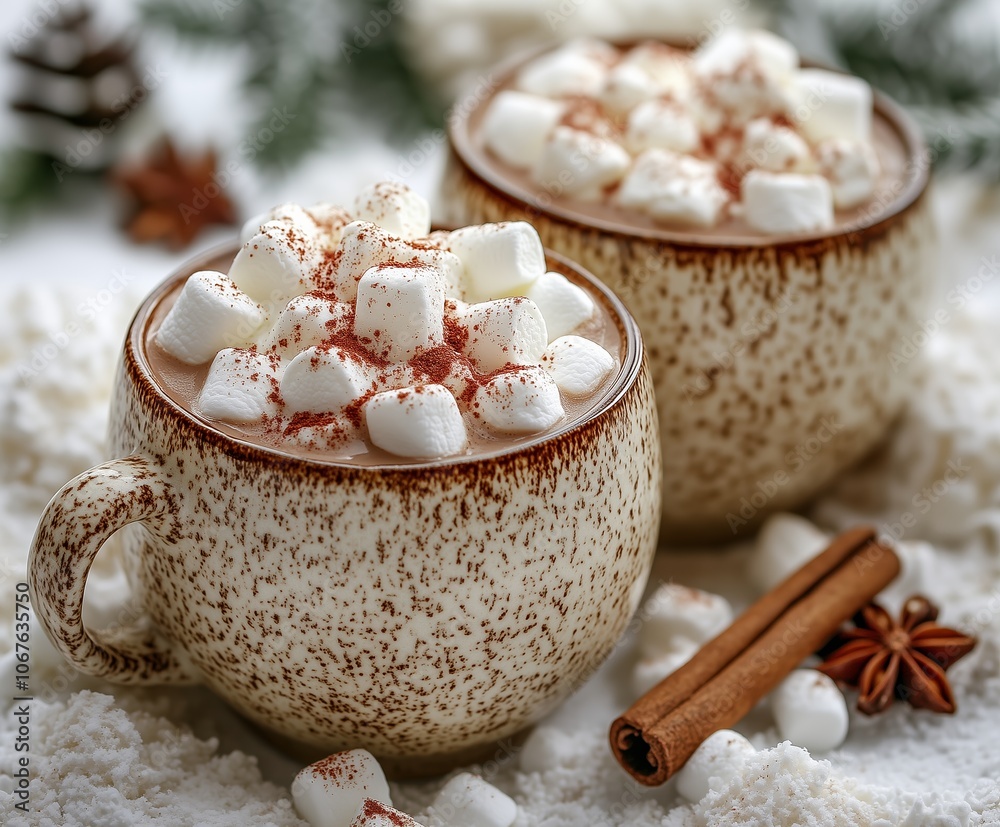 A comforting cup of hot cocoa topped with fluffy mini marshmallows and a dusting of cocoa powder, served in a rustic speckled mug. A comforting cup of hot cocoa topped with fluffy mini marshmallows and a dusting of cocoa powder, served in a rustic speckled mug.