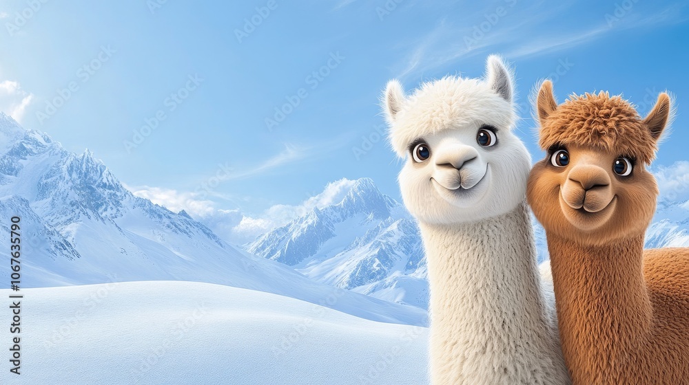 Obraz premium Two cheerful alpacas enjoy a sunny day in a snowy landscape under a clear blue sky