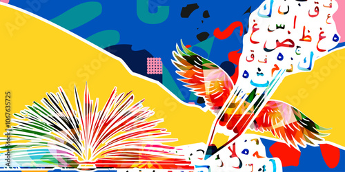 Arabic Islamic calligraphy symbols with book vector illustration. Colorful Arabic alphabet text design. Typography background, education concept, creative writing and storytelling	