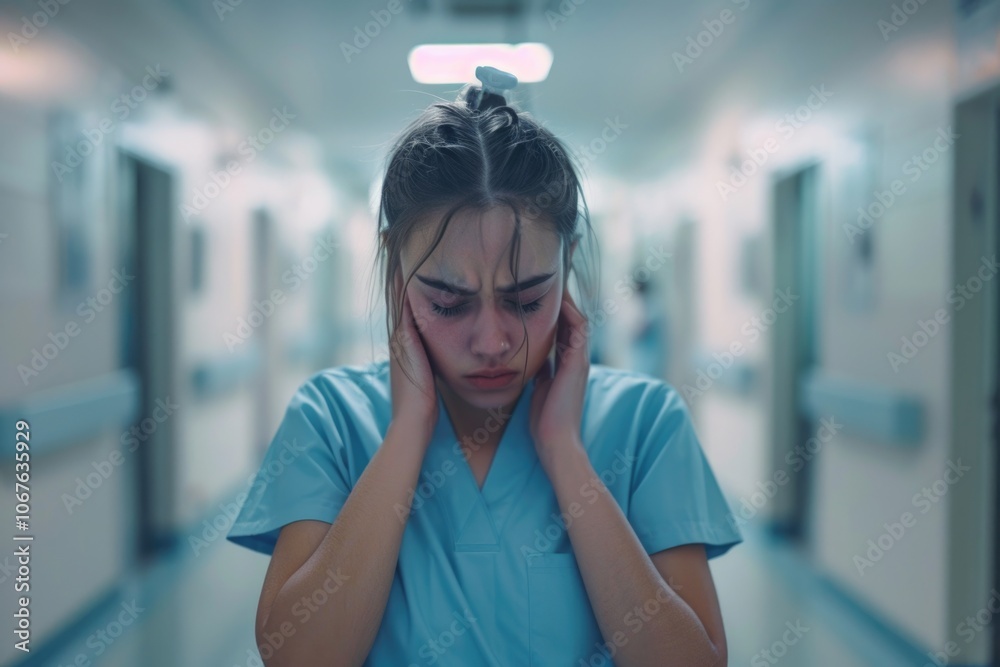 Overworked nurse with headache in hospital. Overworked nurse with headache in hospital.