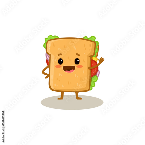 Cute cartoon sandwich isolated on white. Funny Fast food character in flat style for menu, cards and banners. Vector illustration