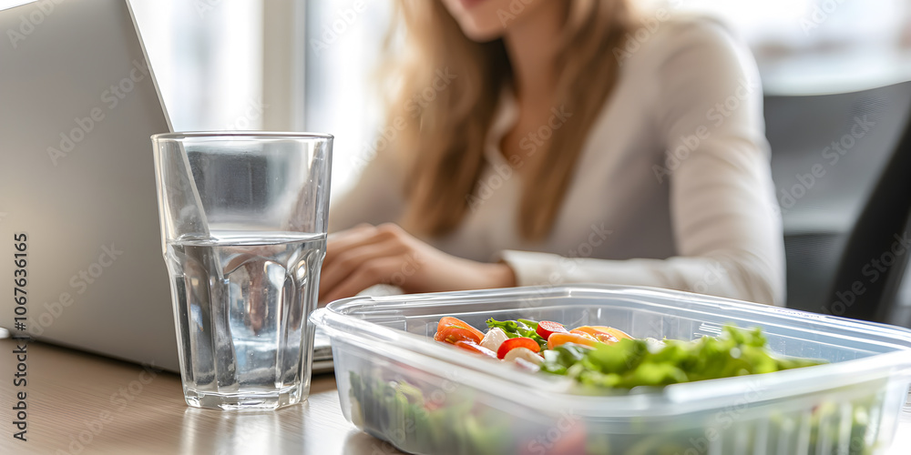 Lunch box and a glass of water on a desktop, in the background a girl is working at her laptop. Space for text. Concept of lunch break at work. Lunch box and a glass of water on a desktop, in the background a girl is working at her laptop. Space for text. Concept of lunch break at work.