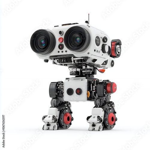 White robot with two cameras and red accents on a white background.