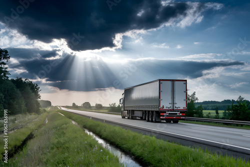 Highway with large truck under dramatic sky, sunlight pierces dark clouds above photo