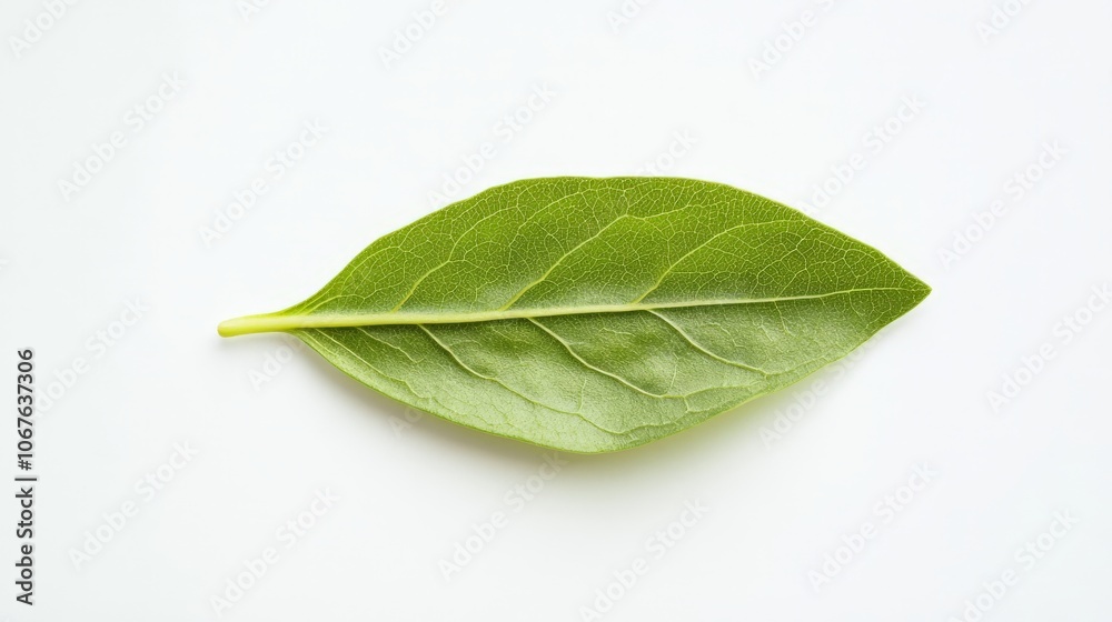 Obraz premium A vibrant, fresh green leaf of lettuce rests on a clean white background, highlighting its smooth texture and healthy appearance for culinary or gardening purposes