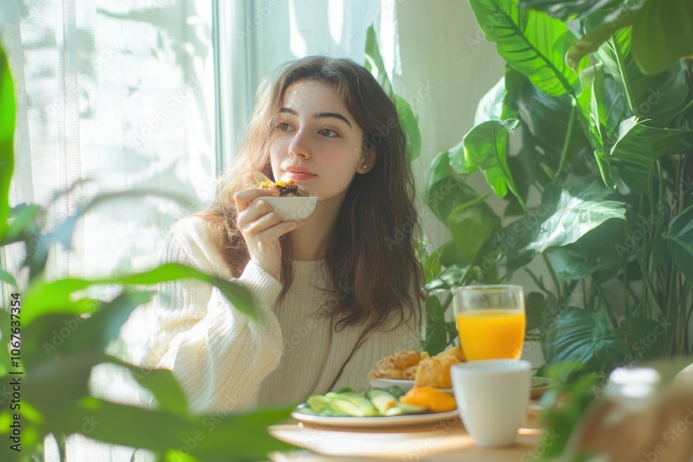 Woman having a healthy breakfast in a bright setting Woman having a healthy breakfast in a bright setting