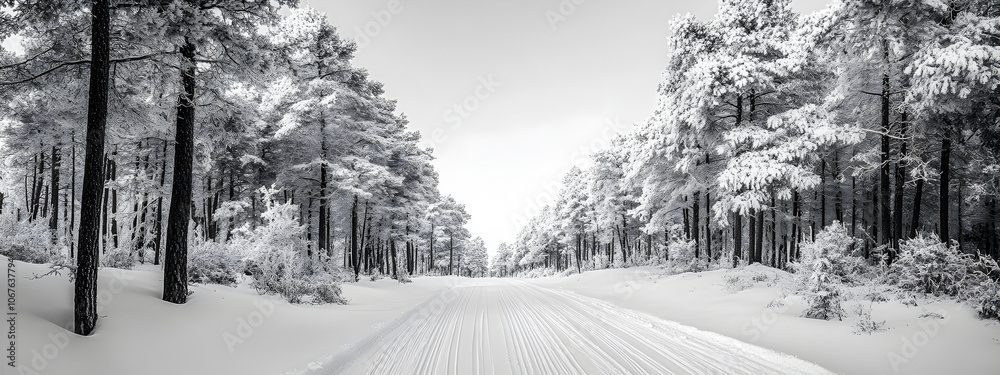 Fototapeta premium A snowy road in the woods with trees covered in dense white snow and a clear sky. Winter forest landscape. Concept of a winter walk in the forest.
