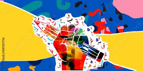 Arabic Islamic calligraphy symbols vector illustration. Colorful Arabic alphabet text design, Arabic letters and typography background, education concept, creative writing and creation, storytelling	