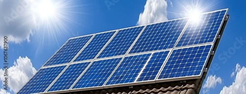 A modern home adorned with solar panels basking in bright sunlight against a clear blue sky, promoting sustainable living and energy efficiency