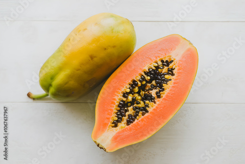 Fresh papaya slice reveals vibrant orange flesh, evoking a tropical vibe photo