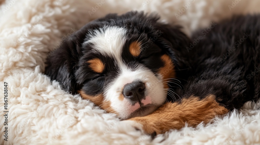 A Bernese Mountain Dog puppy sleeps peacefully in a cozy bed. A Bernese Mountain Dog puppy sleeps peacefully in a cozy bed.
