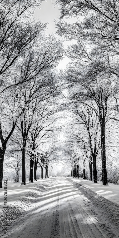 A snowy road in the woods with trees covered in dense white snow and a clear sky. Winter forest landscape. Concept of a winter walk in the forest. A snowy road in the woods with trees covered in dense white snow and a clear sky. Winter forest landscape. Concept of a winter walk in the forest.