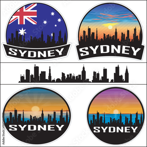 Sydney Skyline Australia Flag Cityscape Silhouette Travel Souvenir Sticker Sunset Isolated Vector