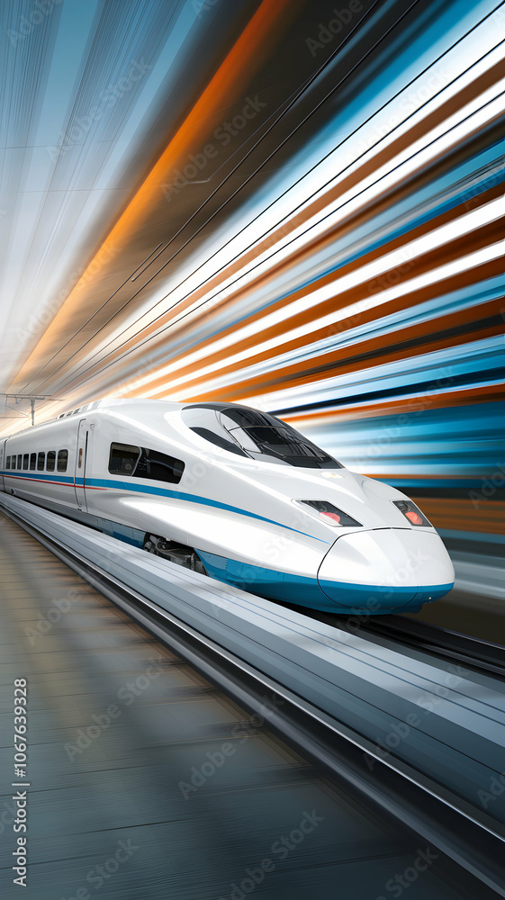 Fototapeta premium High speed bullet train in motion, emphasizing modern transportation technology Vertical Mobile Wallpaper