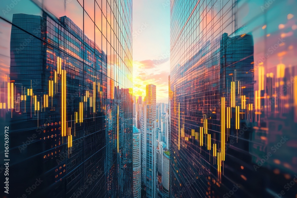 Real estate development and investment concept featuring a growing digital financial chart 