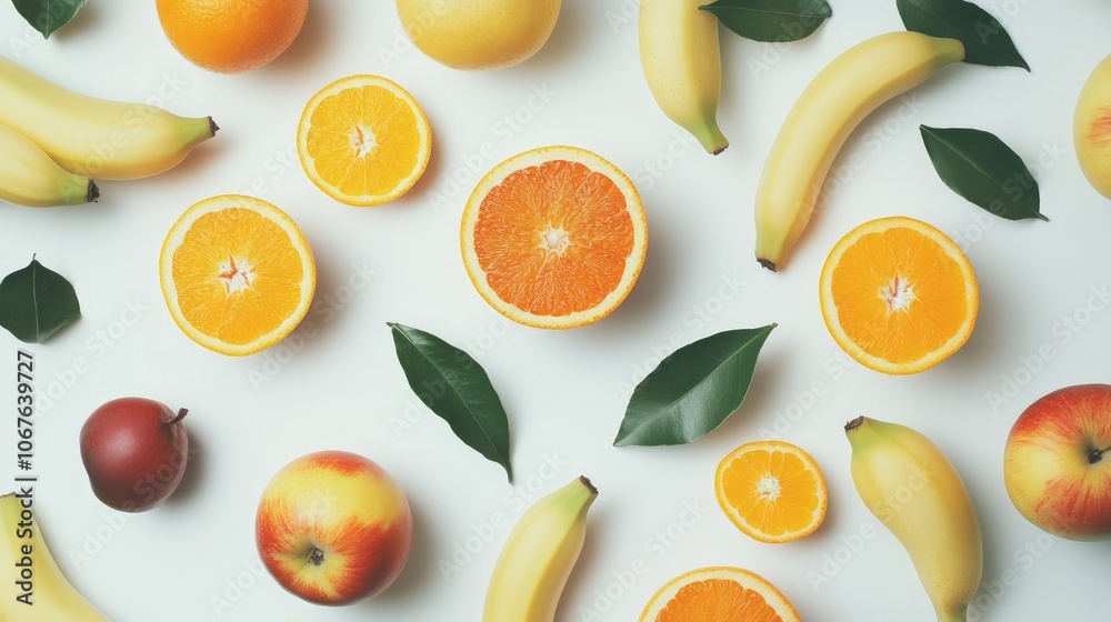 Vibrant Fresh Fruit Display, an appealing arrangement of apples, bananas, and oranges, highlighting their natural colors against a clean, bright white backdrop Vibrant Fresh Fruit Display, an appealing arrangement of apples, bananas, and oranges, highlighting their natural colors against a clean, bright white backdrop