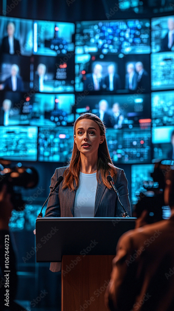 Woman speaking at a media conference with digital screens Woman speaking at a media conference with digital screens