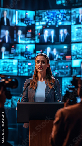 Woman speaking at a media conference with digital screens photo